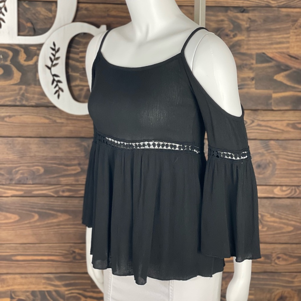 Runway Story | Crochet Eyelet Cold Shoulder Blouse Black Ruched Bell Sleeve - Picture 5 of 9